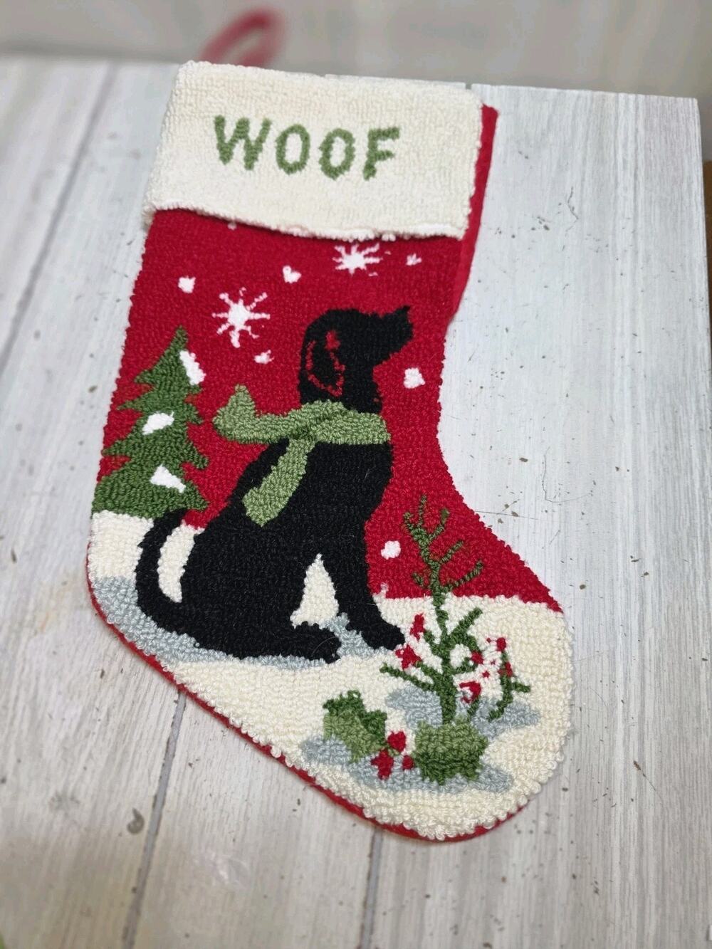 Vintage Dog Latch Hook Woof Christmas Stocking Black Lab Winter Scene Holiday